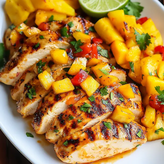 A plate of food with chicken, pineapple, and lime.