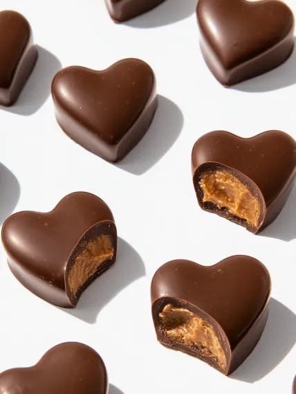 A close up of a chocolate heart with a peanut butter filling.