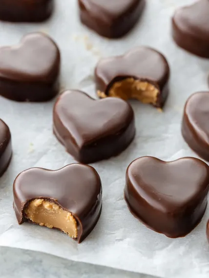 A heart shaped chocolate candy with a peanut butter filling.