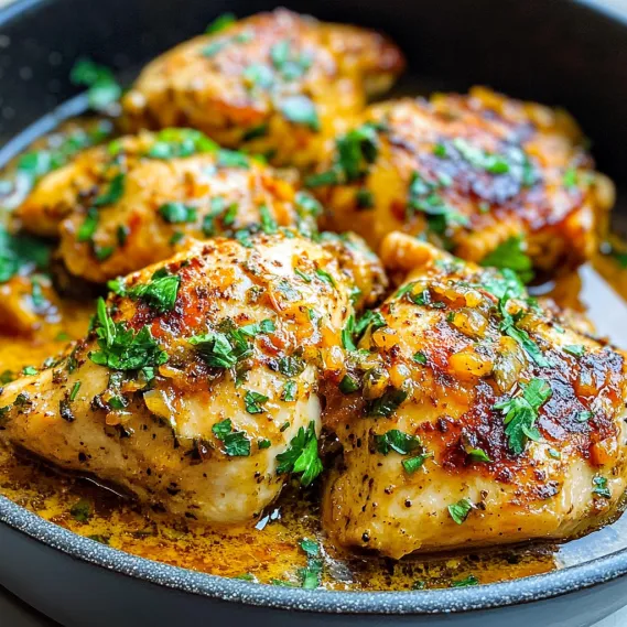 Chicken with herbs in a pan.