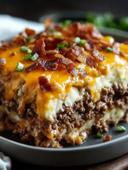 A close up of a delicious bacon and cheese casserole.