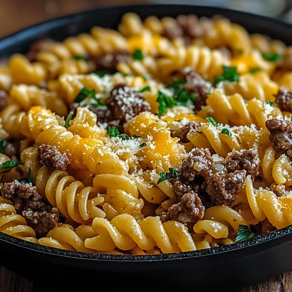 A bowl of pasta with meat and cheese.