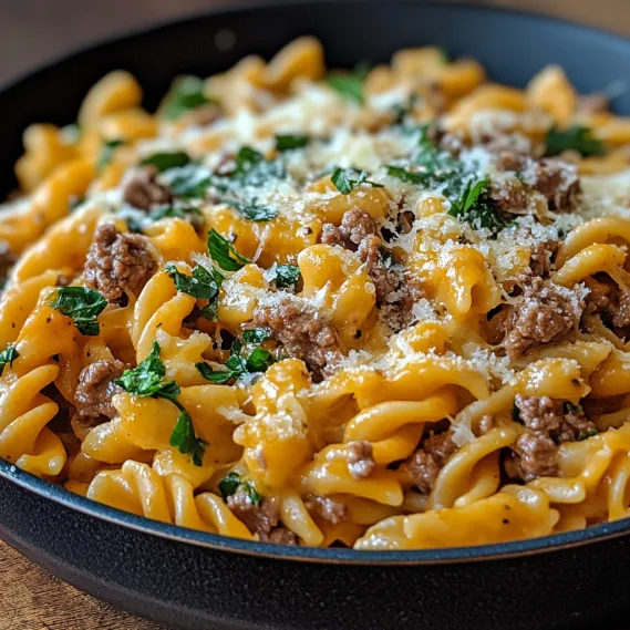 A plate of pasta with meat and cheese.