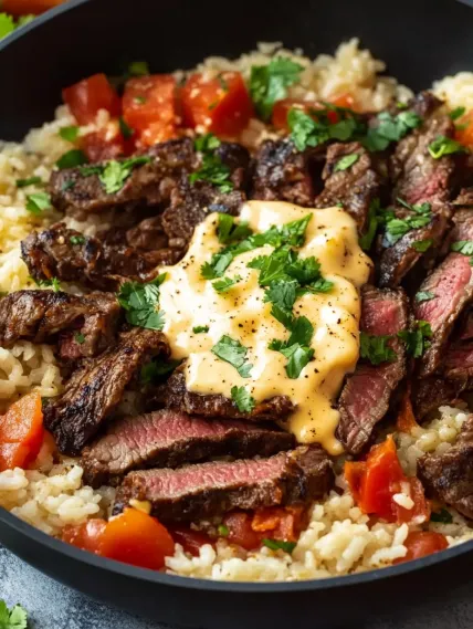 A bowl of steak with rice and tomatoes.