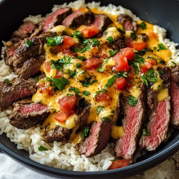 A bowl of rice with meat and cheese.