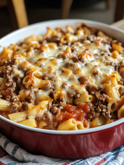 A bowl of pasta with meat and cheese.