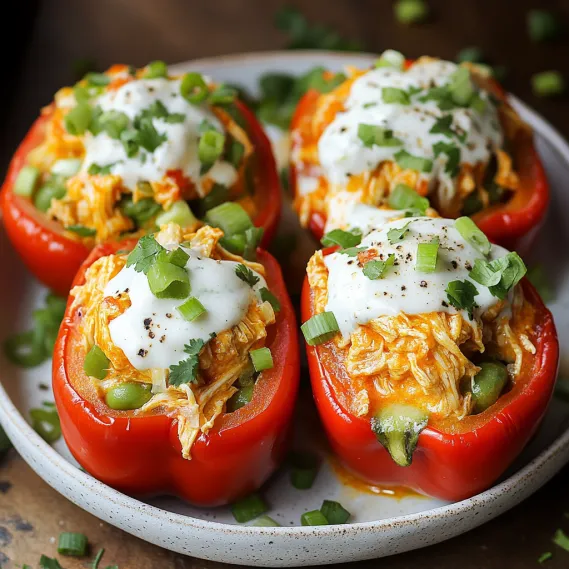 A plate of four red peppers with white sauce.