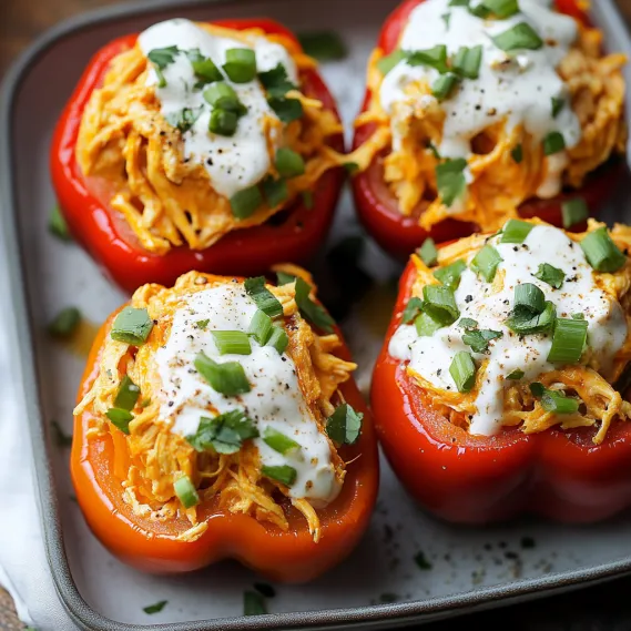 A plate of peppers with white sauce.