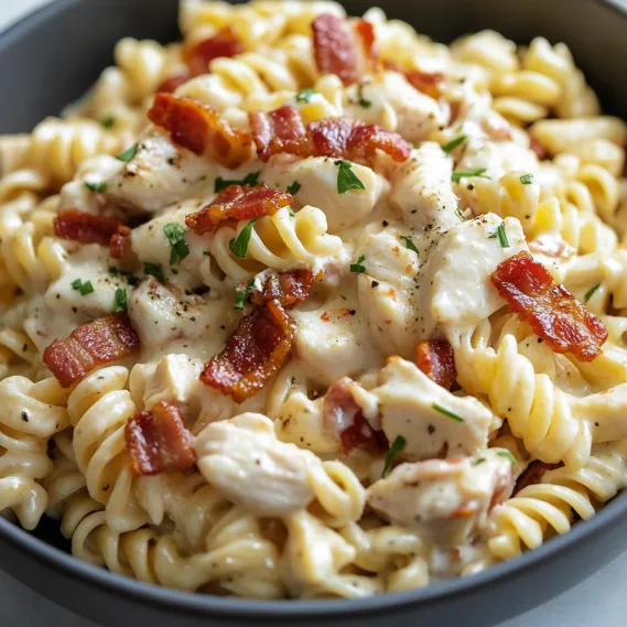 A bowl of pasta with bacon and chicken.