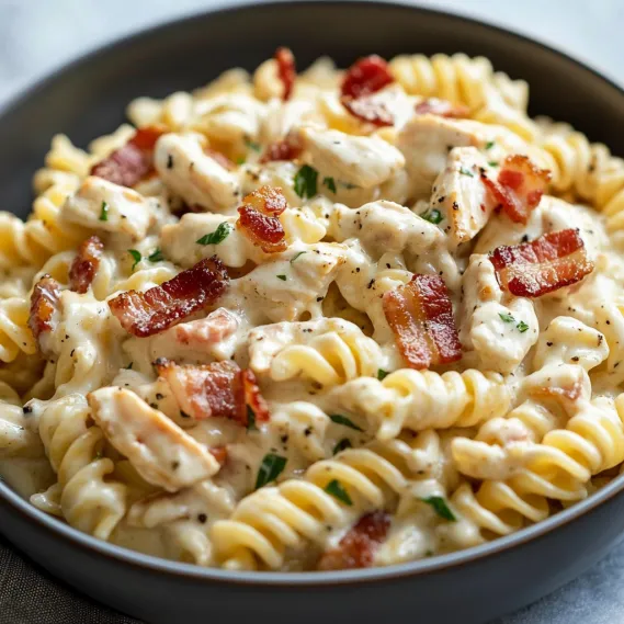 A bowl of pasta with chicken and bacon.