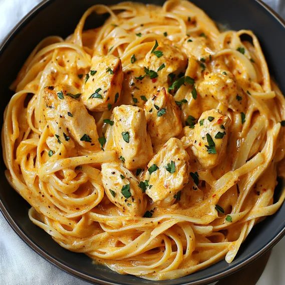 A bowl of pasta with chicken and sauce.