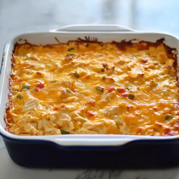 A casserole dish filled with chicken and vegetables.
