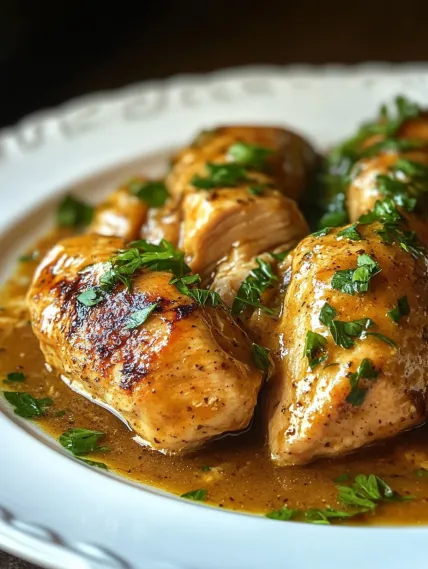 Chicken with sauce on a white plate.