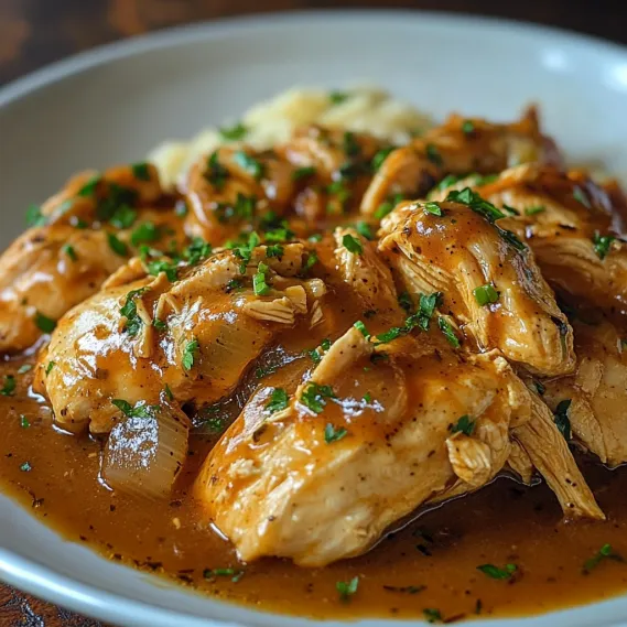A plate of food with chicken and gravy.