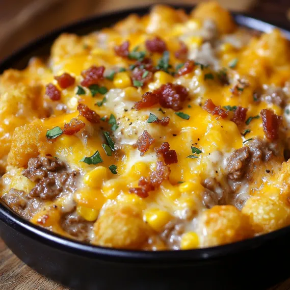 A bowl of food with bacon and cheese.