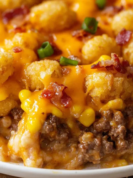 A close up of a cheesy bacon and corn dish.
