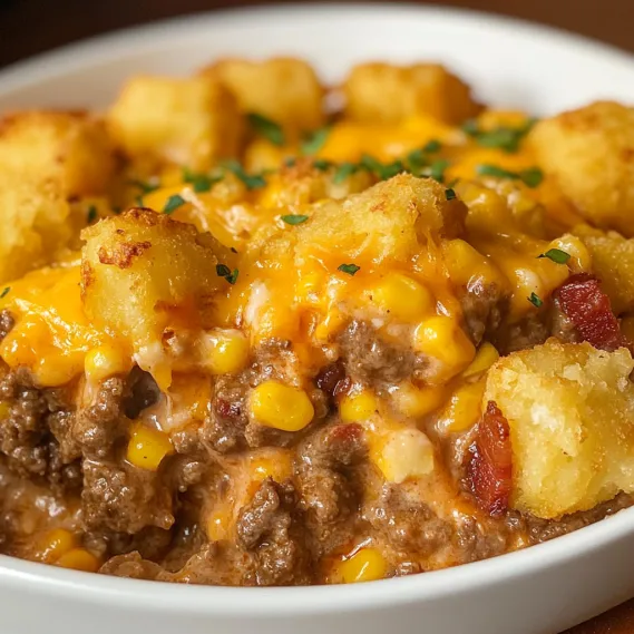 A bowl of food with cheese and bacon.