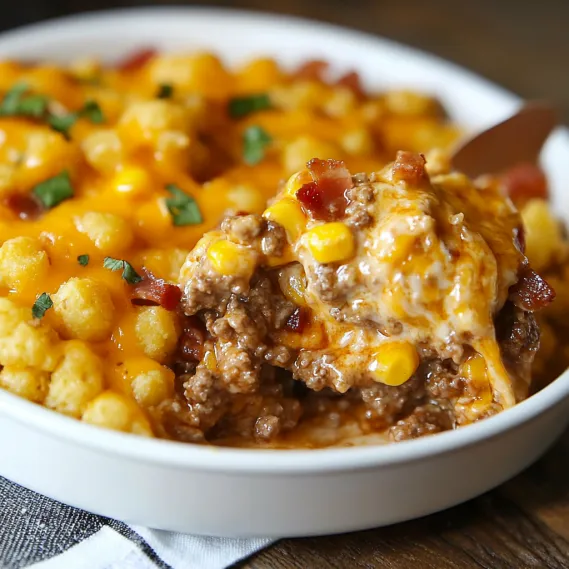 A bowl of food with bacon and cheese.