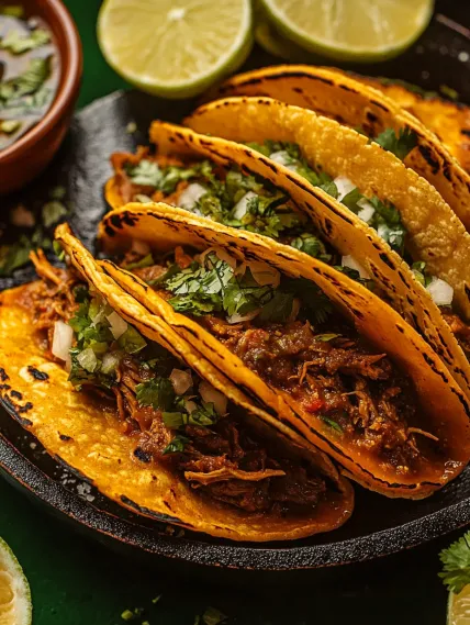 A plate of tacos with meat and vegetables.