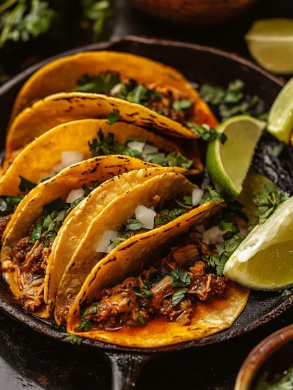A bowl of tacos with limes on top.