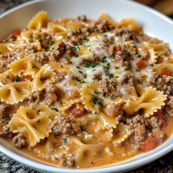 A bowl of pasta with meat and cheese.