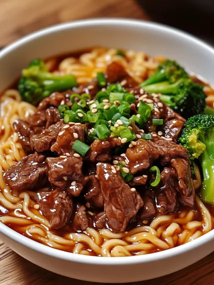 A bowl of noodles with meat and broccoli.