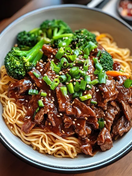 A bowl of noodles with meat and broccoli.