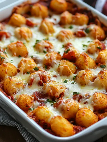 A dish of pasta with cheese and tomato sauce.