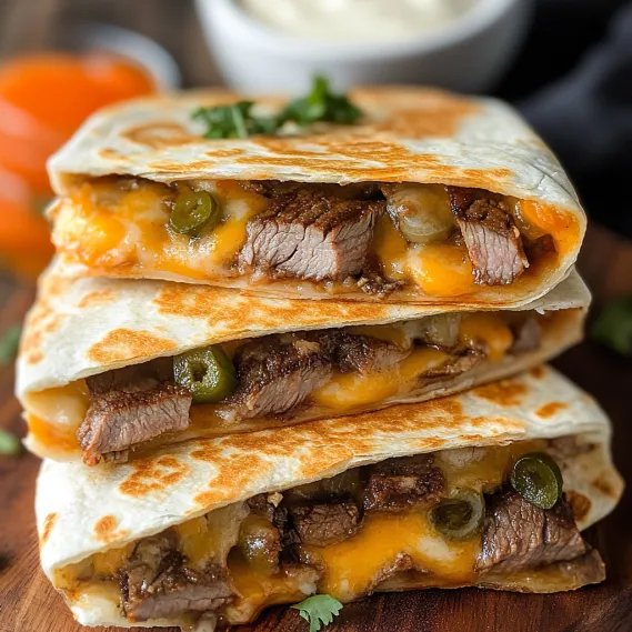 Three stacked tacos with cheese and jalapenos.