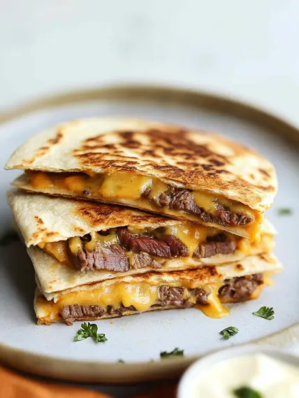 A stack of three cheese steak sandwiches.