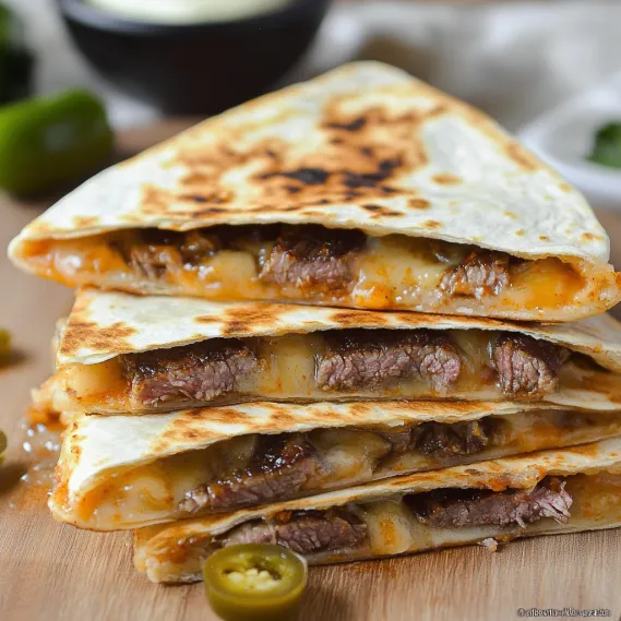 A stack of three quesadillas with cheese and jalapenos.