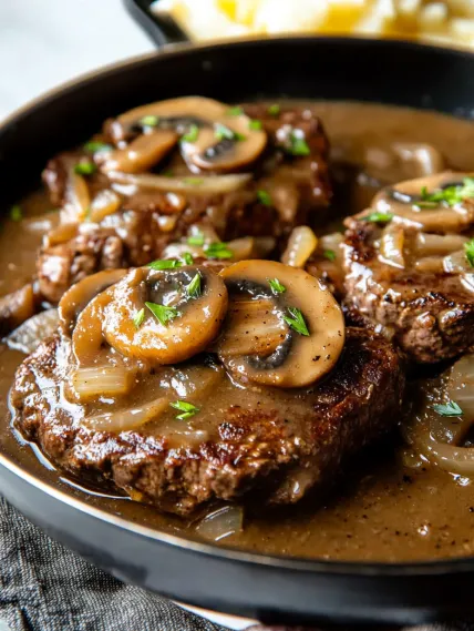 A plate of meat with mushrooms on top.