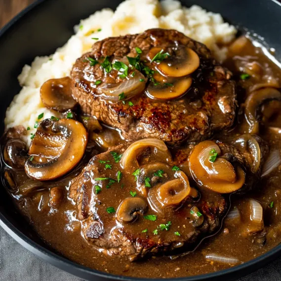 A bowl of meat and mushrooms.