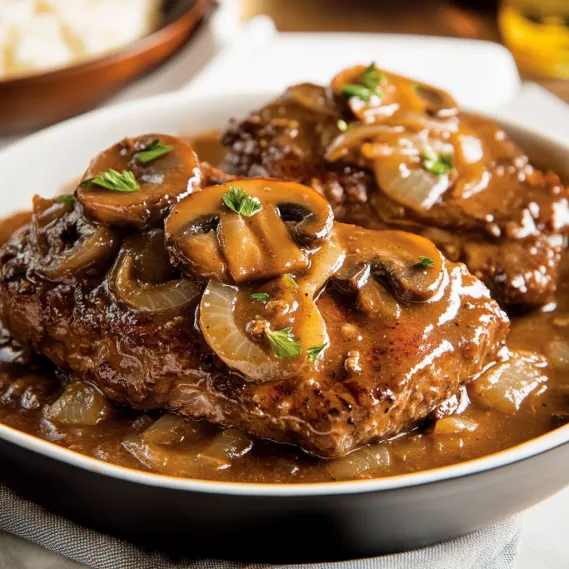 A plate of meat with mushrooms on top.