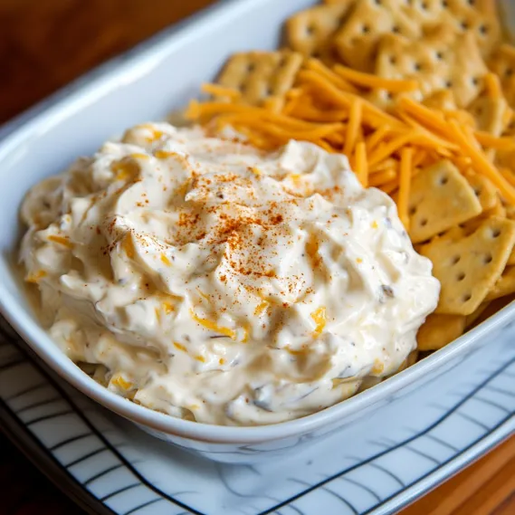 A bowl of food with cheese and crackers.