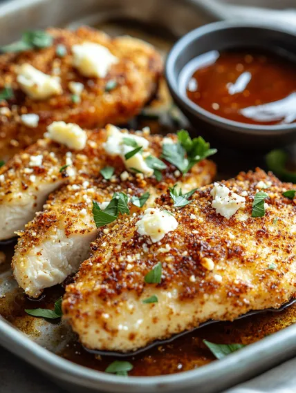 A plate of chicken with cheese and sauce.