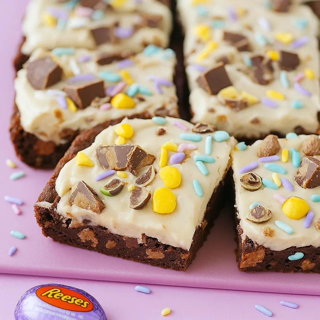 A plate of brownies with chocolate and white frosting.