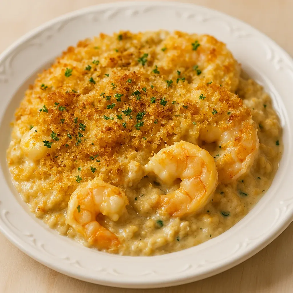 A plate of food with shrimp and cheese.