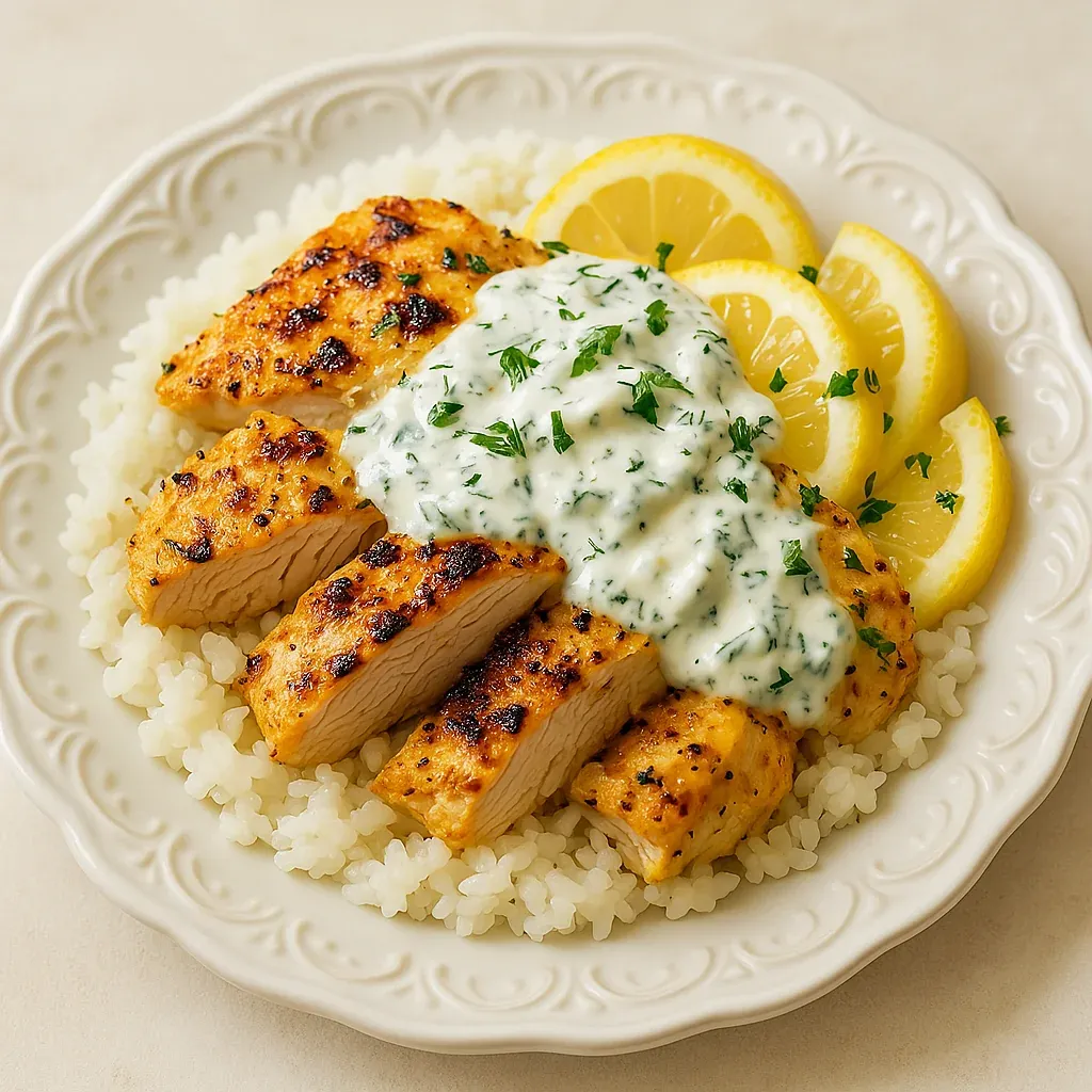 A plate of food with rice, chicken, and lemon wedges.