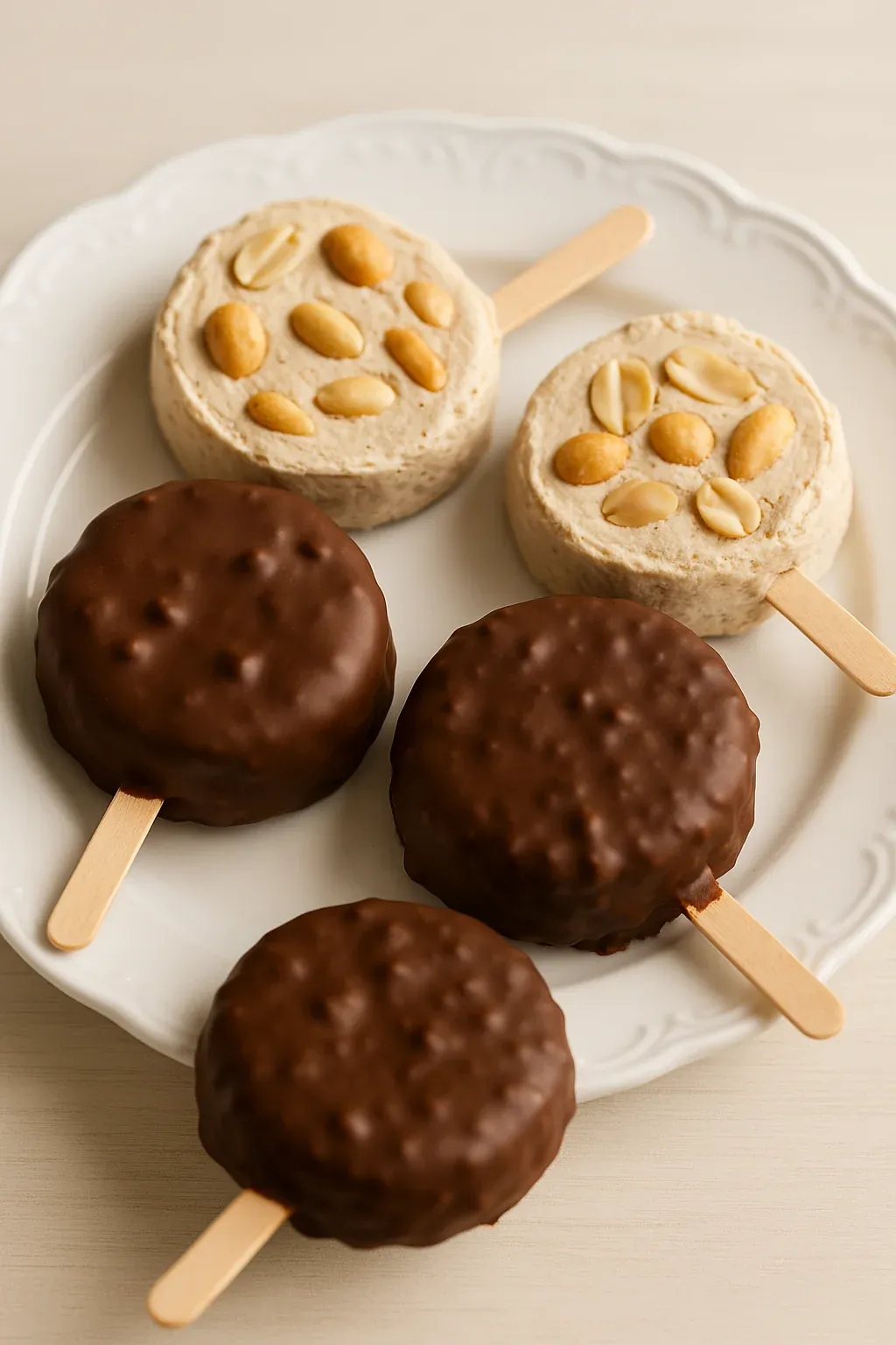 Three chocolate desserts with nuts on a plate.