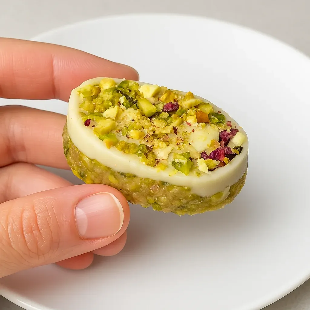 A hand holding a small piece of food.