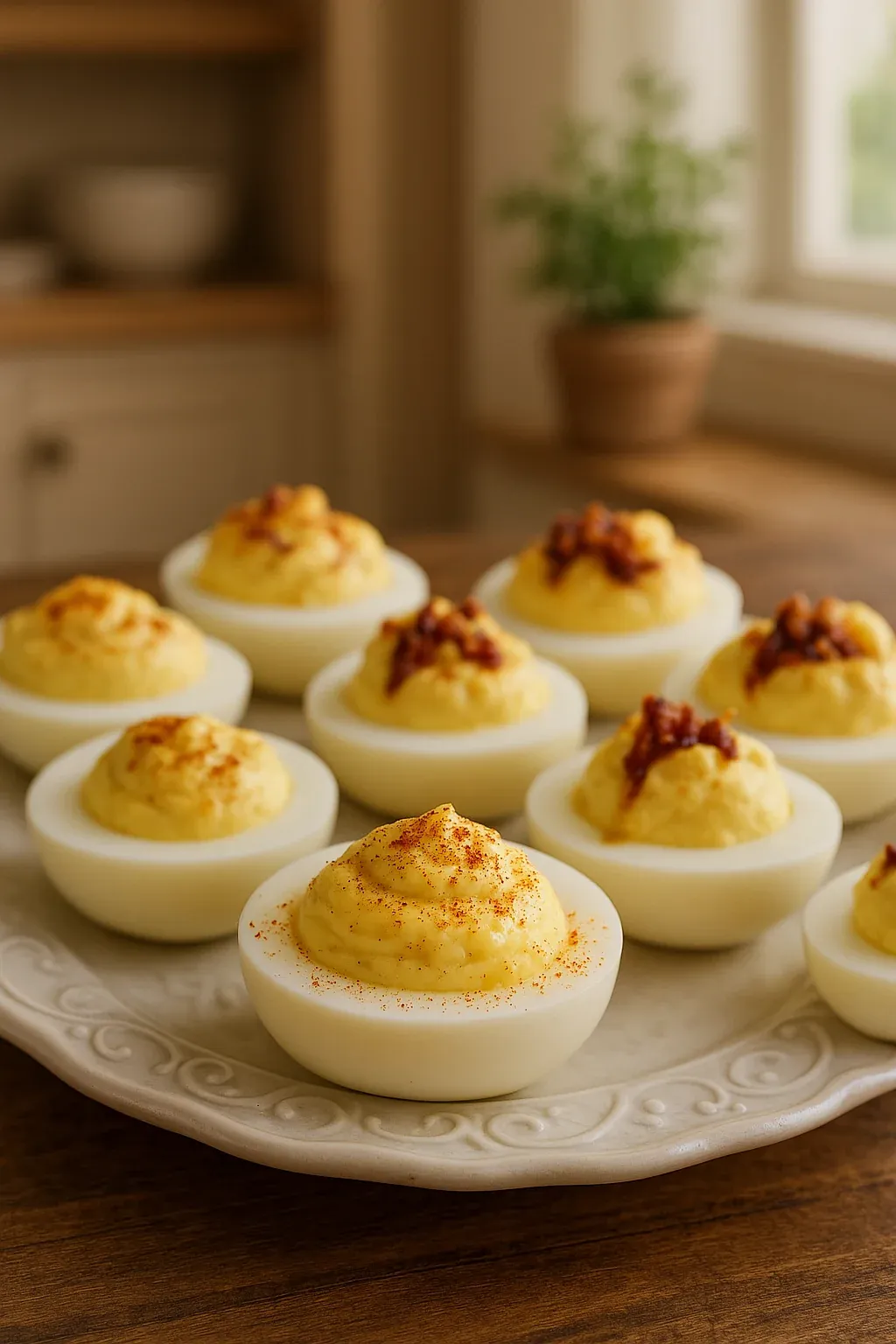 A plate of eggs with bacon bits on top.