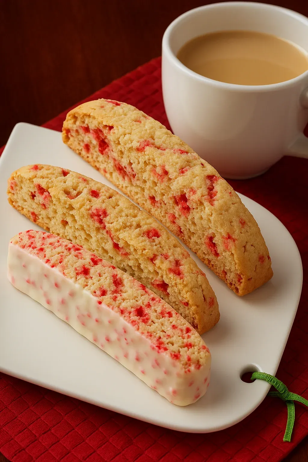 Two pieces of red and white cookies.