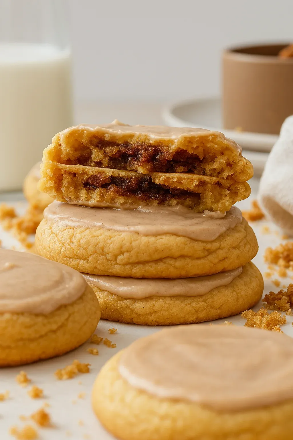 A stack of cookies with frosting.