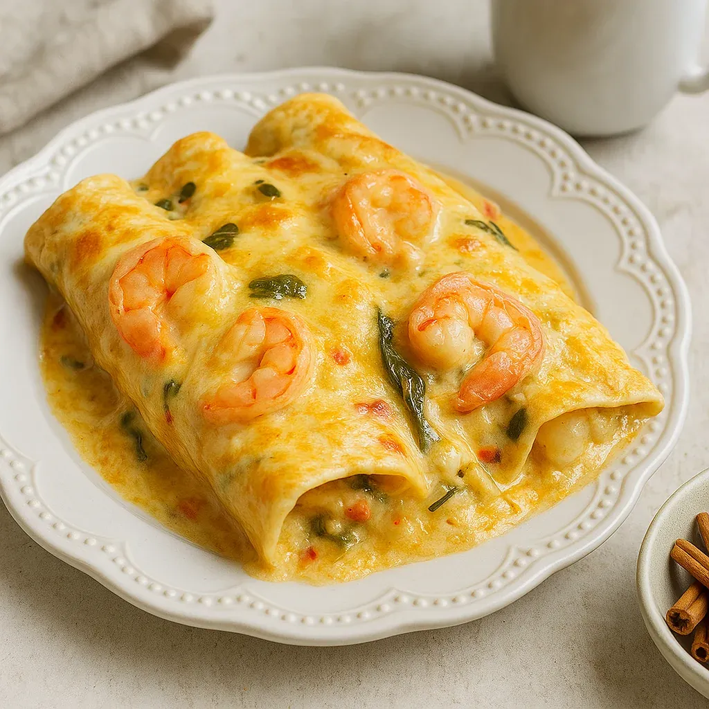 A plate of food with shrimp and spinach.