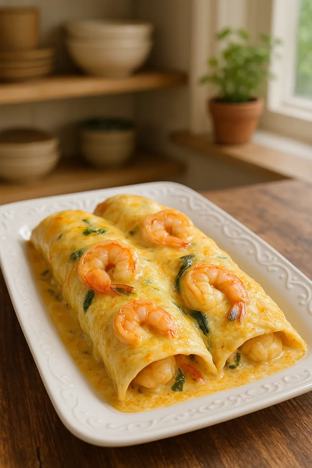 A white plate with a shrimp and spinach casserole on it.