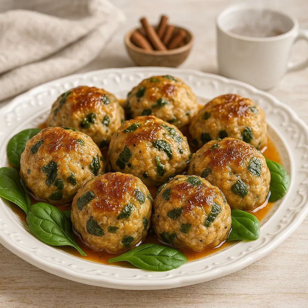 A plate of meatballs with greens on top.