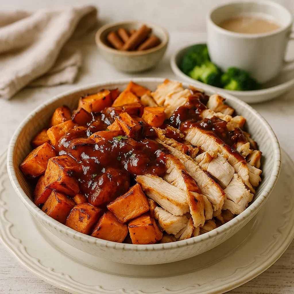 A bowl of food with meat and vegetables.
