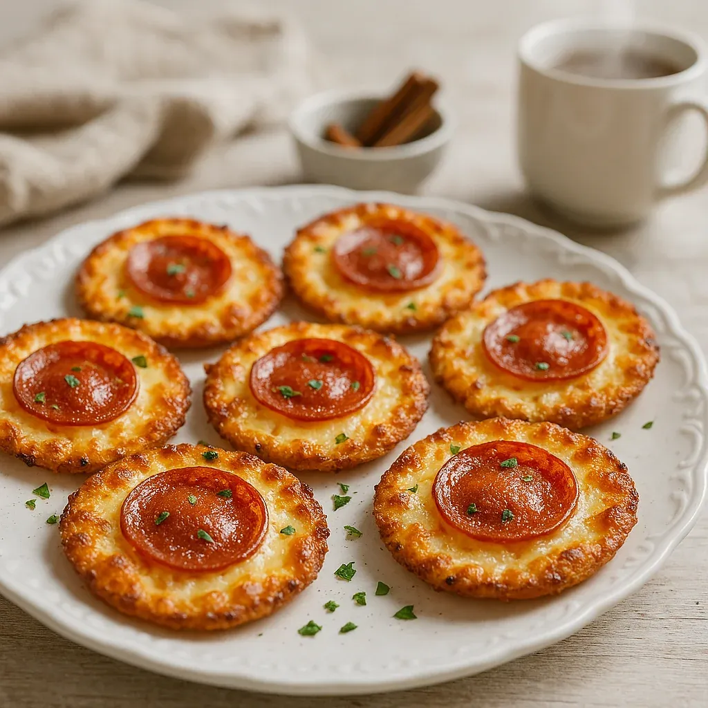 A plate of cheese and pepperoni pizza bites.