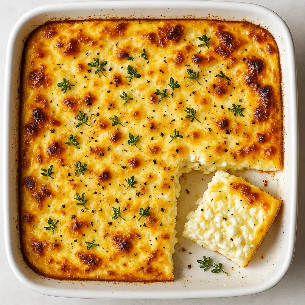 A slice of casserole with herbs on top.
